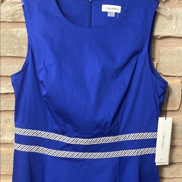CALVIN KLEIN Women's Blue a-line sleeveless DRESS with pinstripe trim Size 10 - Picture 4 of 11
